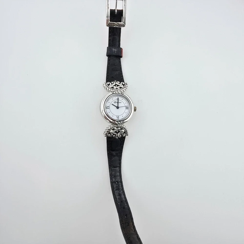 BRIGHTON 'Somerset' Watch Reversible Leather Black Brown Band Silver Plate 6.75